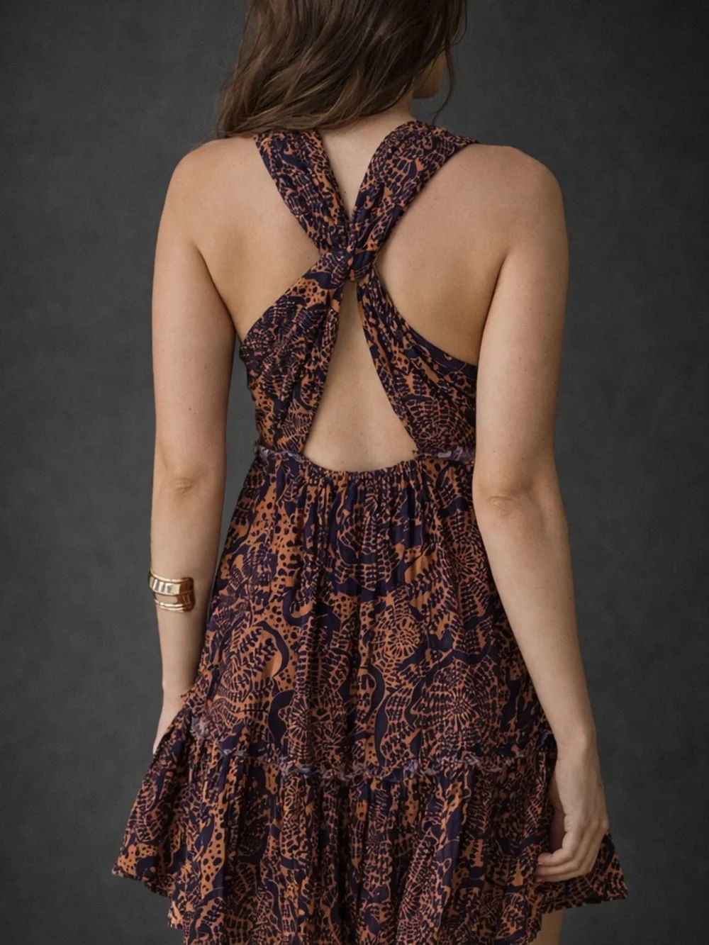 Free People Boho Printed Mini Dress Twist Back Cutout - Picture 3 of 6
